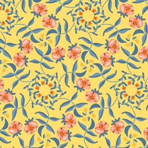 Victorian Garden Coral Flowers on Soft Yellow with Grayed Blue Leaves