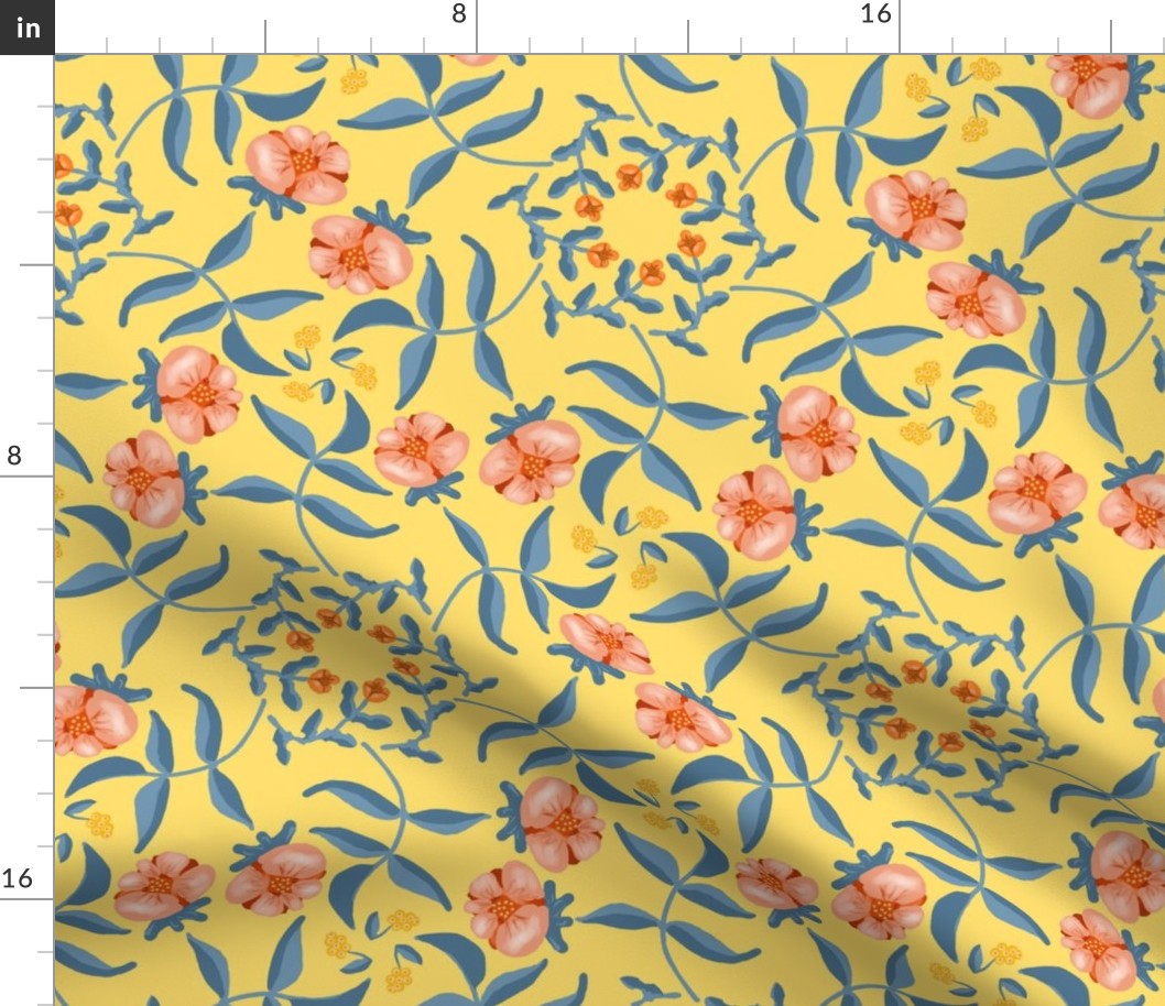 Victorian Garden Coral Flowers on Soft Yellow with Grayed Blue Leaves