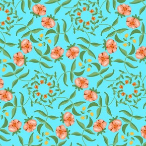 Victorian Garden Coral Flowers on Sky Blue