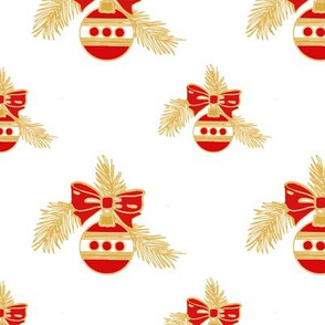 Christmas ornaments in red, gold, on white