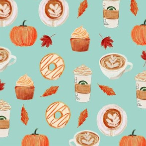 watercolor psl - pumpkin spice latte, coffee, latte, pumpkin, fall, autumn fabric - mint