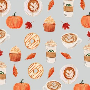 watercolor psl - pumpkin spice latte, coffee, latte, pumpkin, fall, autumn fabric - grey