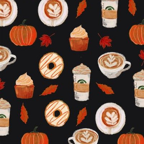 watercolor psl - pumpkin spice latte, coffee, latte, pumpkin, fall, autumn fabric - black