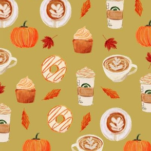 watercolor psl - pumpkin spice latte, coffee, latte, pumpkin, fall, autumn fabric - olive