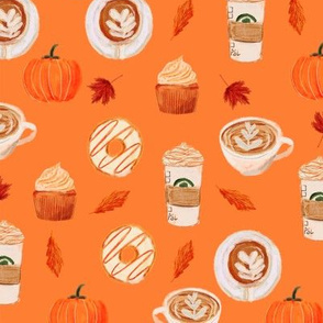 watercolor psl - pumpkin spice latte, coffee, latte, pumpkin, fall, autumn fabric -orange