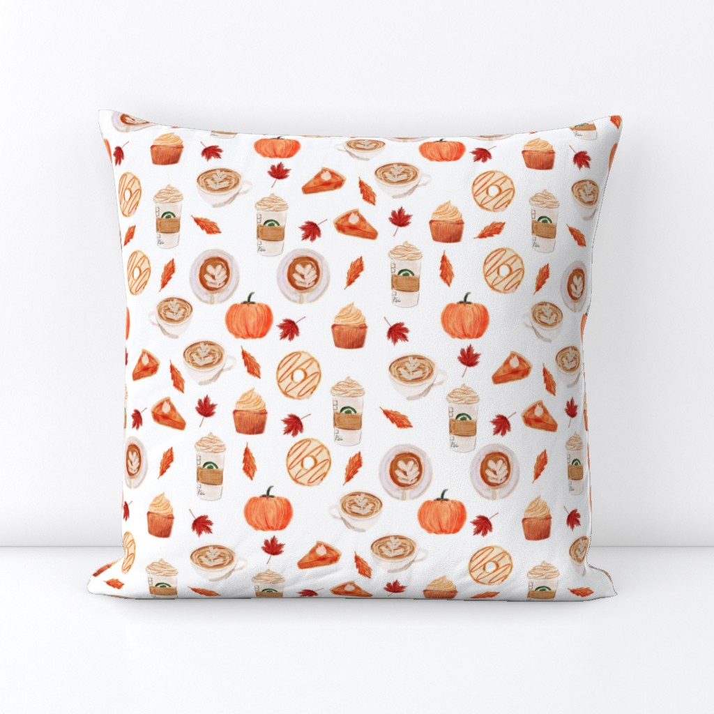 watercolor psl - pumpkin spice latte, coffee, latte, pumpkin, fall, autumn fabric - white