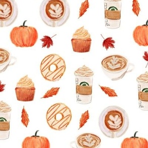 watercolor psl - pumpkin spice latte, coffee, latte, pumpkin, fall, autumn fabric - white