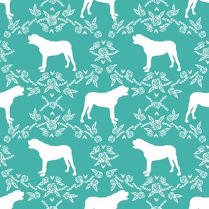 english mastiff floral dog silhouette fabric - dog, dogs, silhouette, dog breed, dog design, cute dog - turquoise