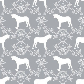 english mastiff floral dog silhouette fabric - dog, dogs, silhouette, dog breed, dog design, cute dog - grey