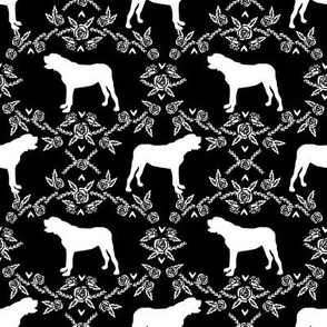 english mastiff floral dog silhouette fabric - dog, dogs, silhouette, dog breed, dog design, cute dog - black