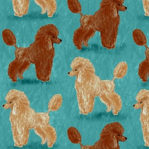 Custom Red and Apricot Poodles on Medium Teal