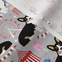 tricolored corgi dog - carnival, popcorn, ferris wheel, holiday, festival - grey
