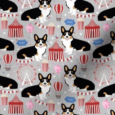 tricolored corgi dog - carnival, popcorn, ferris wheel, holiday, festival - grey