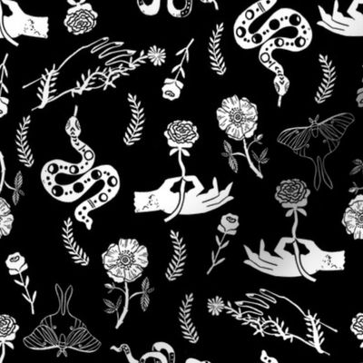 Luna Floral - luna moth, flower, floral, hand, linocut black and white black and white