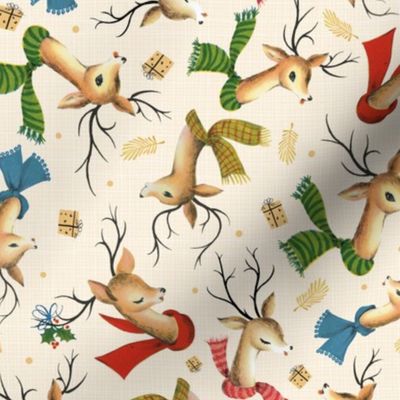 Vintage Reindeer on Holiday Gold Linen – Retro Christmas – SMALL Scale