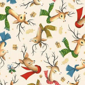 Vintage Reindeer on Holiday Gold Linen – Retro Christmas – SMALL Scale