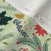Christmas Floral - Light Green - Holly Poinsettia Pine Holiday Fabric