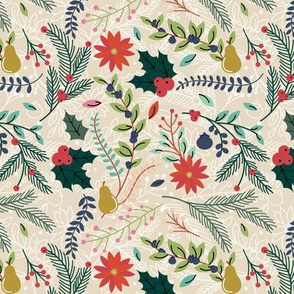 Christmas Floral - Cream - Holly Poinsettia Pine Holiday Fabric