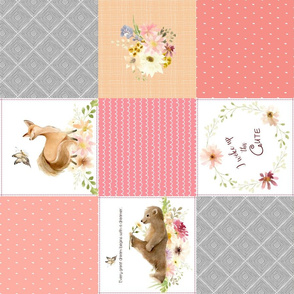 Forest Animals Patchwork Cheater Quilt ROTATED - Baby Girl Blanket, Bear Fox  Deer - Peach Coral Lavender + Gray - EMILY pattern A1