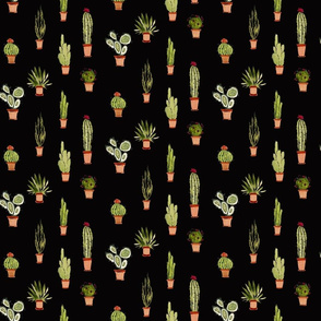 Watercolor Cactus on Black Pattern