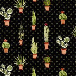 Watercolor Cactus Pattern on Black with Dotted Background