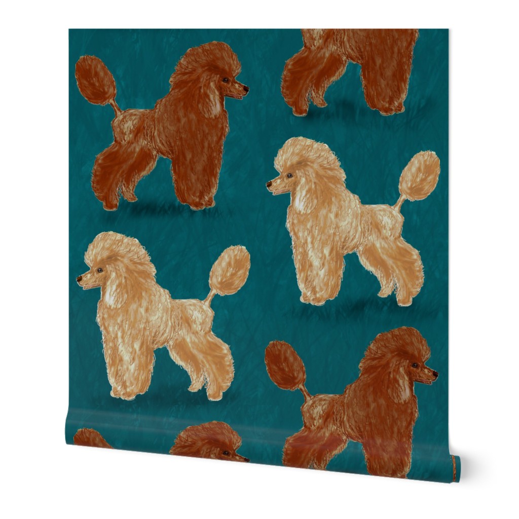 Custom Red and Apricot Poodles on Dark Teal