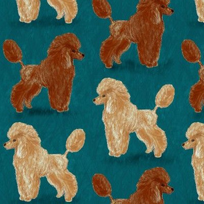 Custom Red and Apricot Poodles on Dark Teal