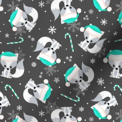 Santa Fox – Christmas Aqua Santa Hat, Candy Canes + Snowflakes - Smoke Gray