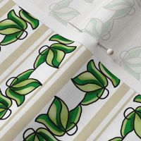 Green Leaves on Beige and White Stripe