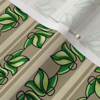 Green Leaves on Beige and Cream Stripe