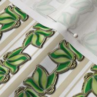 Faux Cloisonne Green Leaves on Beige and White Stripe