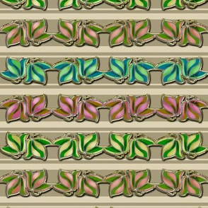 Multicolored Faux Cloisonne Leaves on Beige and Cream Stripe