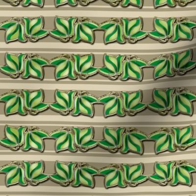 Faux Cloisonne Green Leaves on Beige and Cream Stripe