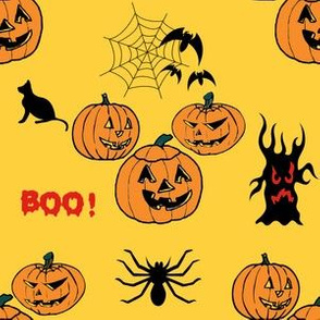 Halloween symbols on orange, bats, spiders, pumpkins, cat