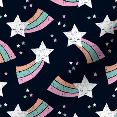 Shooting star and rainbow sky kawaii japanese style stars illustration kids girls pink blue