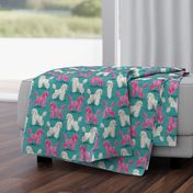 Custom Hot Pink and White Poodles on Medium Teal
