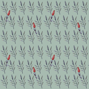 A pattern of twigs with leaves and a red flower