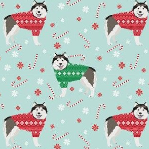 alaskan malamute xmas sweater dog - cute dog, holiday, xmas, red and green -blue