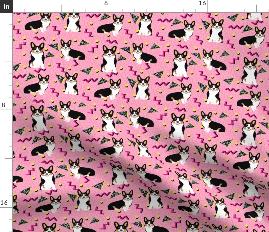 tri corgi rad dog - cute 80s, 90s dog, zig zag dots fabric - pink