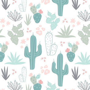 cacti floral in teal on white