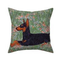 Black and Rust Doberman Lying in Wildflower Field for Pillow