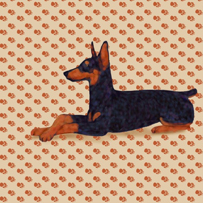 Black and Rust Doberman Lying Down on Pawprints for Pillow