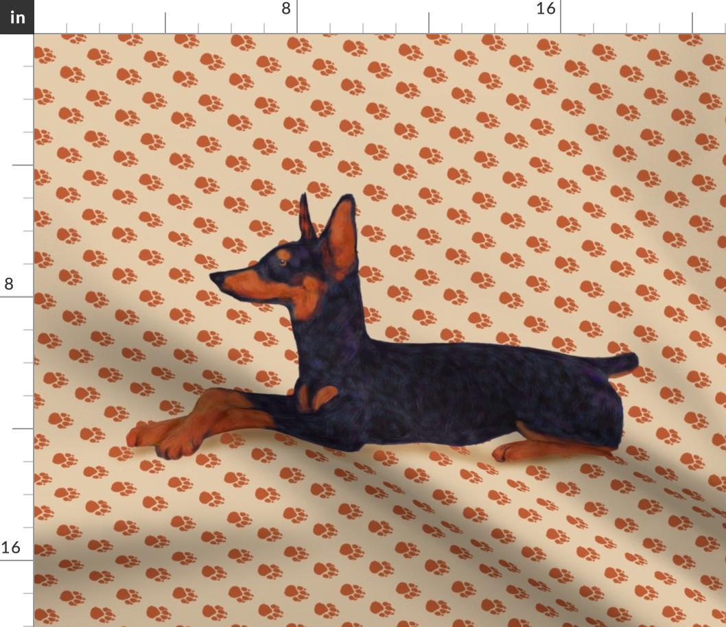 Black and Rust Doberman Lying Down on Pawprints for Pillow