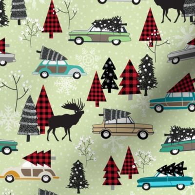 Christmas Tradition - Vintage Cars + Christmas Trees - soft green