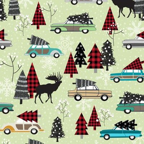 Christmas Tradition - Vintage Cars + Christmas Trees - soft green