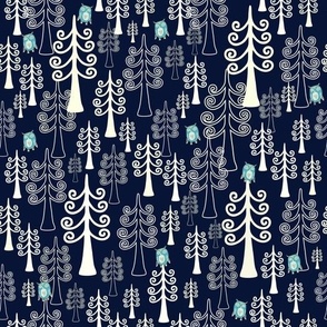 Winter forest, blue owls