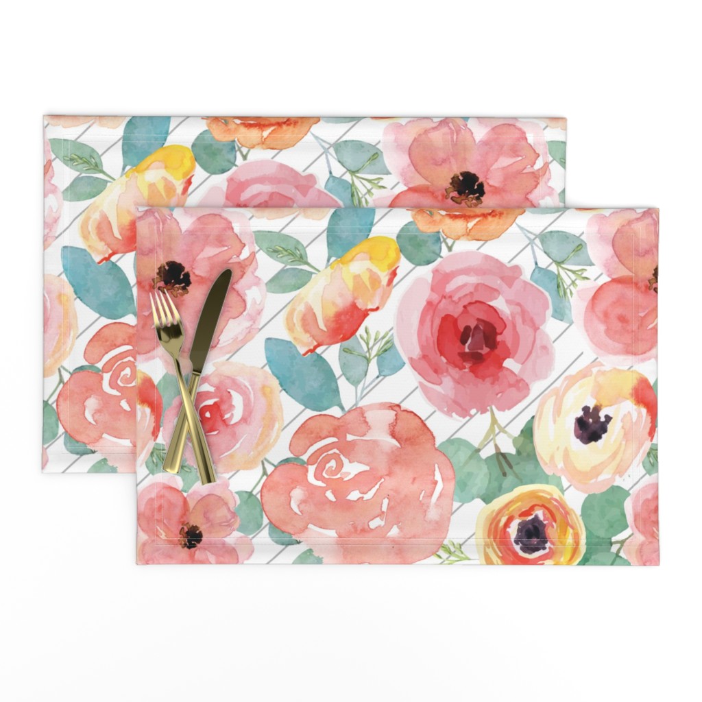 Peachy Pink Flowers on Grey Stripes