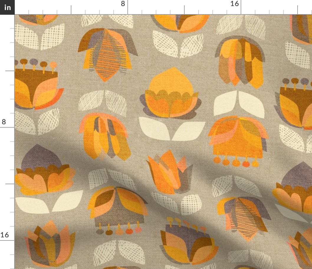 Mid Century Flowers {Orange/Grey} - large scale