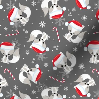 Santa Fox – Christmas Red Santa Hat, Candy Canes + Snowflakes - Stone Gray