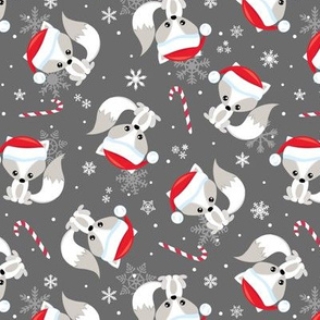 Santa Fox – Christmas Red Santa Hat, Candy Canes + Snowflakes - Stone Gray